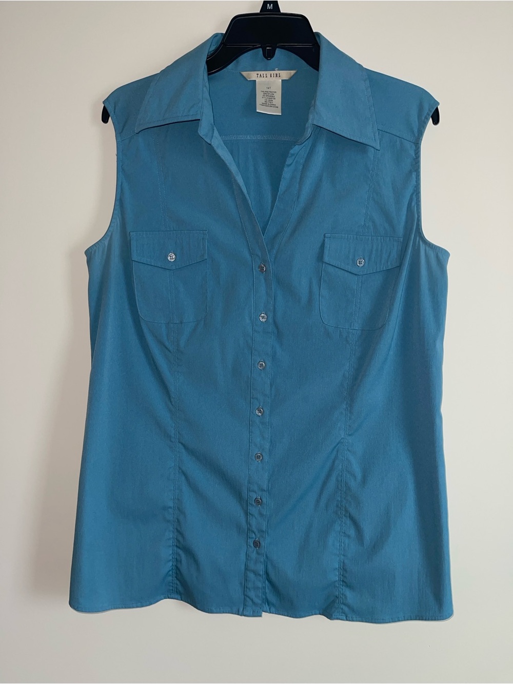 Tall Girl Sleeveless Button-Down Shirt, Size 14T